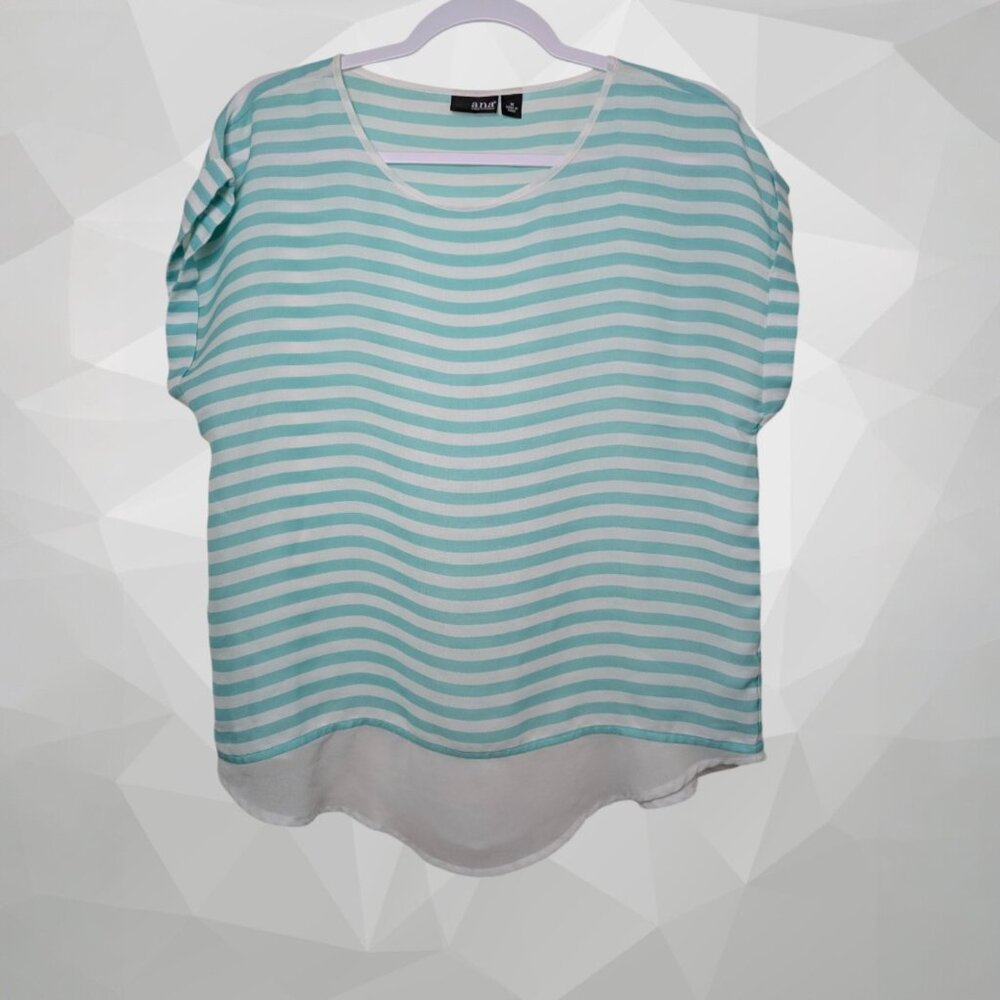 A.N.A A New Approach Women’s Blouse Medium Green White Striped Sheer Layered Hem